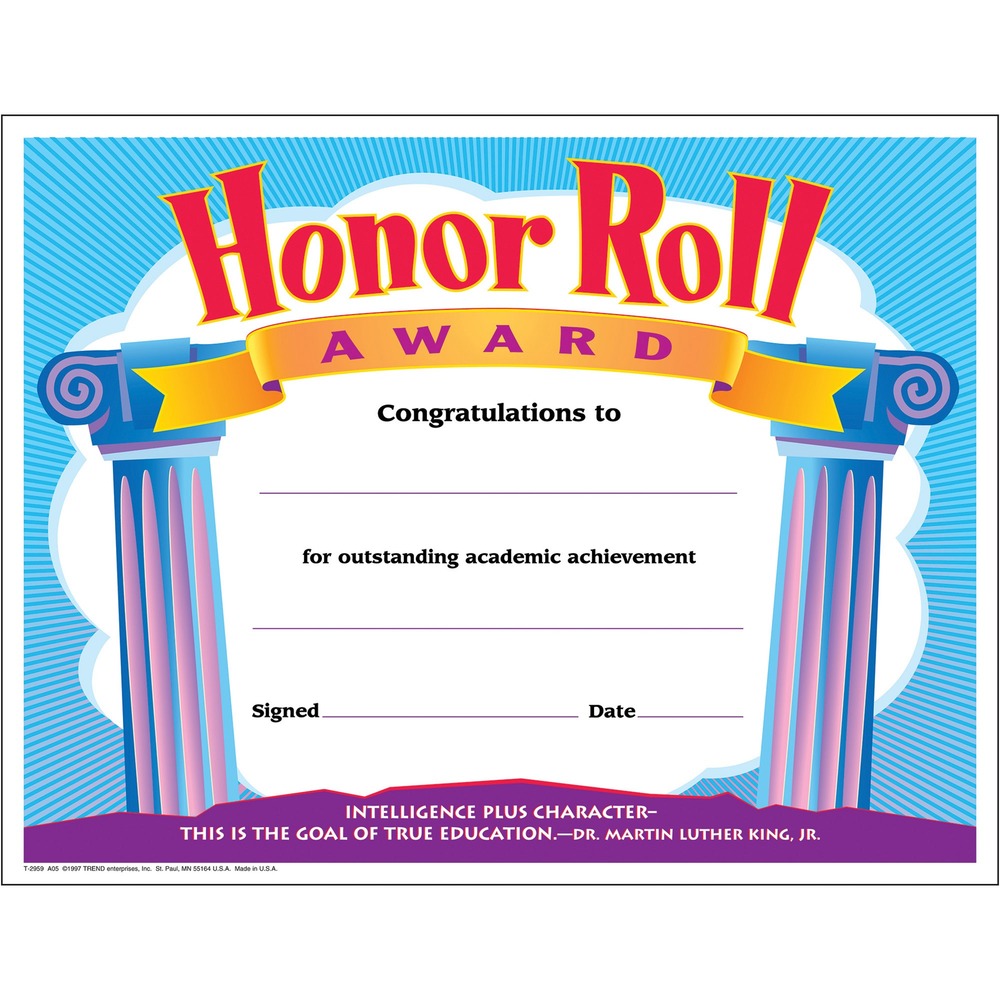 Image of Trend Enterprises Certificate,Honor Roll,F/ 3rd-8th Grade,8-1/2"x11",30/PK,AST