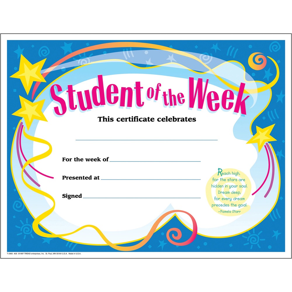 Image of Trend Enterprises Award,Student of the Week,8-1/2"x11",30/PK,Ready to Frame