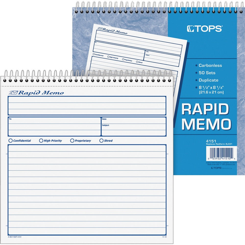 Image of Tops Rapid Memo Book, Carbonless, 2-Part, 8-1/2"x7-3/4"
