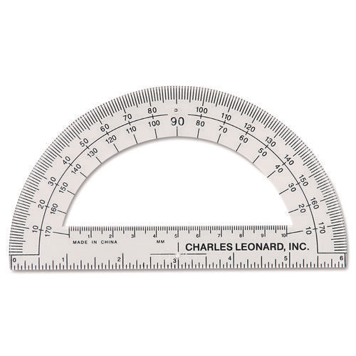 Image of Charles Leonard® Open Center Protractor, Plastic, 6" Ruler Edge, Clear, Dozen