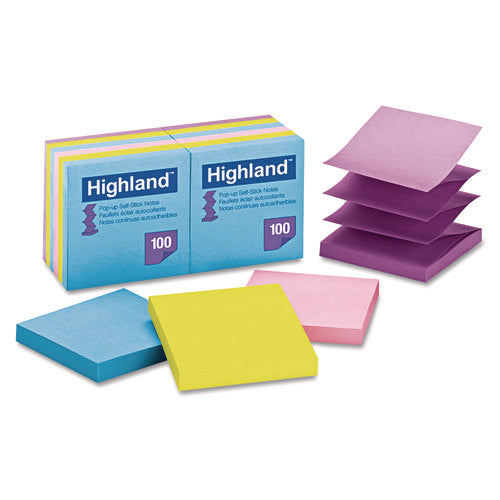 Image of Highland Self-Stick Pop-up Notes, 3" x 3", Assorted Bright Colors, 100 Sheets/Pad, 12 Pads/Pack
