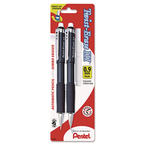 Image of Pentel® Twist-Erase III Mechanical Pencil, 0.9 mm, HB (#2), Black Lead, Assorted Barrel Colors, 2/Pack