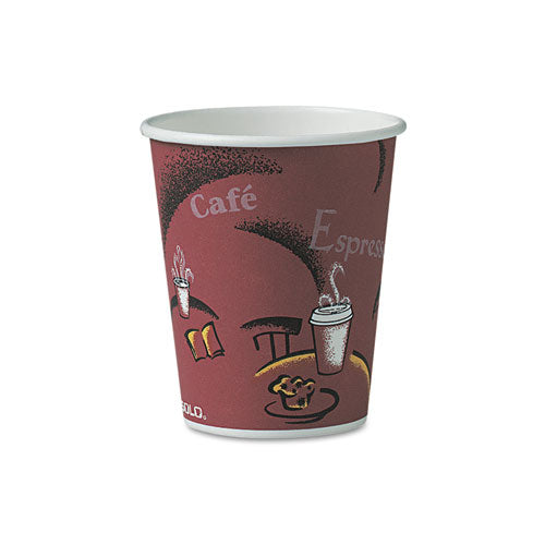 Image of SOLO® Paper Hot Drink Cups in Bistro Design, 10 oz, Maroon, 300/Carton