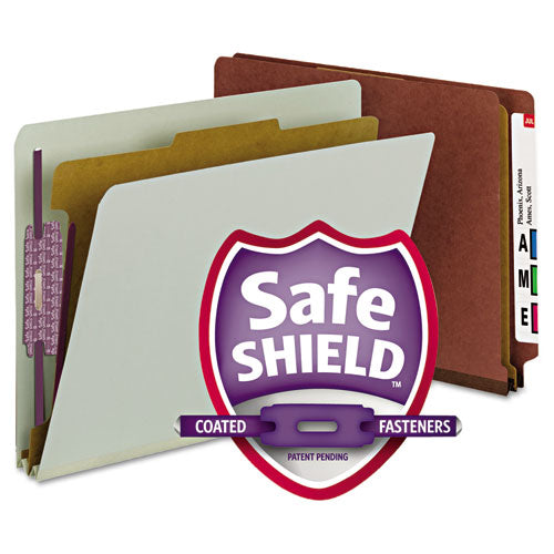 Image of Smead End Tab Pressboard Classification Folders, Four SafeSHIELD Fasteners, 2" Expansion, 1 Divider, Letter Size, Red, 10/Box
