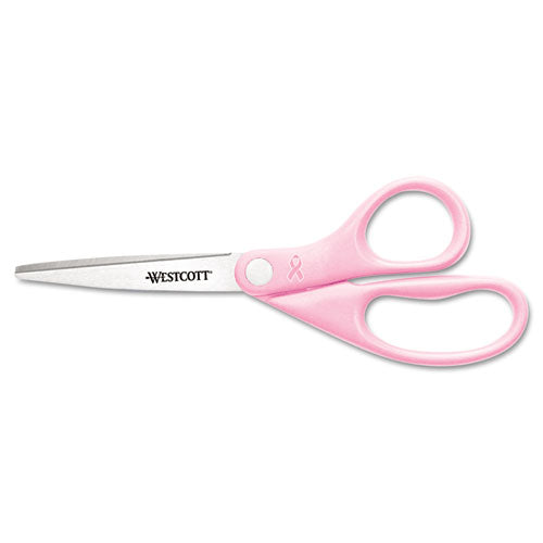 Image of Westcott® All Purpose Pink Ribbon Scissors, Breast Cancer Awareness, 8" Long, 3.5" Cut Length, Straight Pink Handle