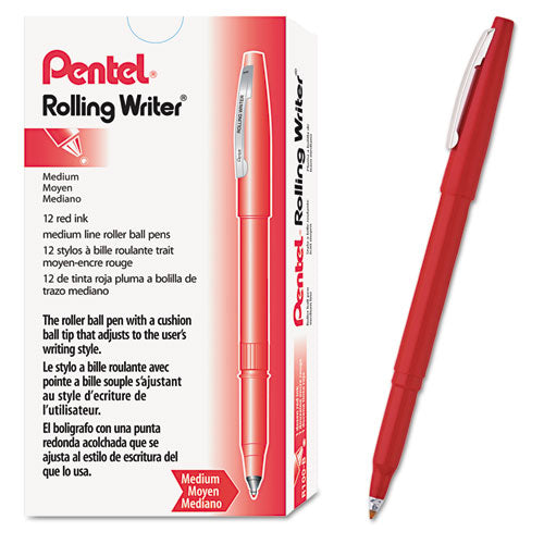 Image of Pentel® Rolling Writer Rollerball Pen, Stick, Medium 0.8 mm, Red Ink, Red Barrel, Dozen