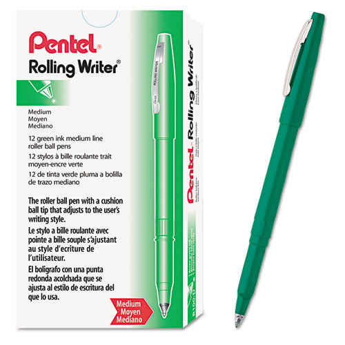 Image of Pentel® Rolling Writer Rollerball Pen, Stick, Medium 0.8 mm, Green Ink, Green Barrel, Dozen