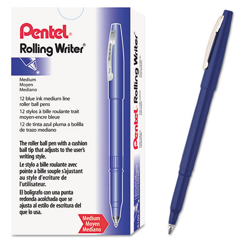 Image of Pentel® Rolling Writer Rollerball Pen, Stick, Medium 0.8 mm, Blue Ink, Blue Barrel, Dozen