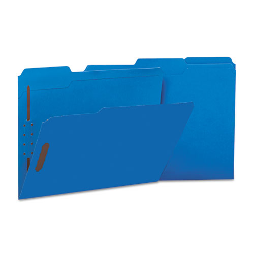 Image of Universal® Deluxe Reinforced Top Tab Fastener Folders, 0.75" Expansion, 2 Fasteners, Letter Size, Blue Exterior, 50/Box