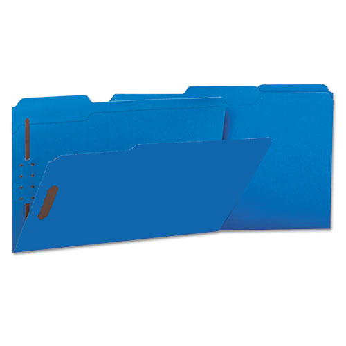 Image of Universal® Deluxe Reinforced Top Tab Fastener Folders, 0.75" Expansion, 2 Fasteners, Legal Size, Blue Exterior, 50/Box