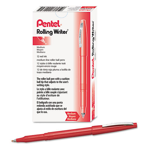 Image of Pentel® Rolling Writer Rollerball Pen, Stick, Medium 0.8 mm, Red Ink, Red Barrel, Dozen