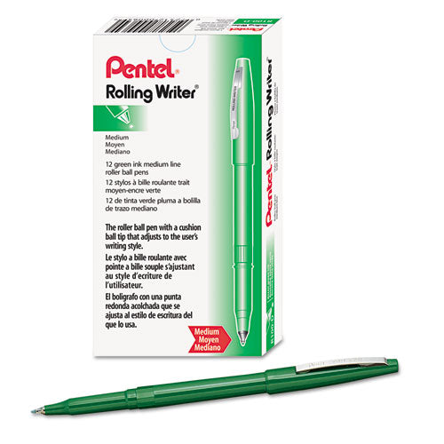 Image of Pentel® Rolling Writer Rollerball Pen, Stick, Medium 0.8 mm, Green Ink, Green Barrel, Dozen