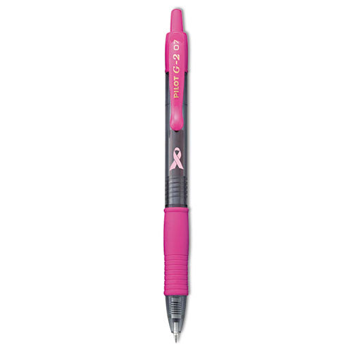 Image of Pilot® G2 Premium Breast Cancer Awareness Gel Pen, Retractable, Fine 0.7 mm, Black Ink, Smoke/Pink Barrel, Dozen
