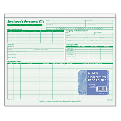 Image of TOPS Employee's Record File Folder, Straight Tabs, Letter Size, Index Stock, Green, 20/Pack