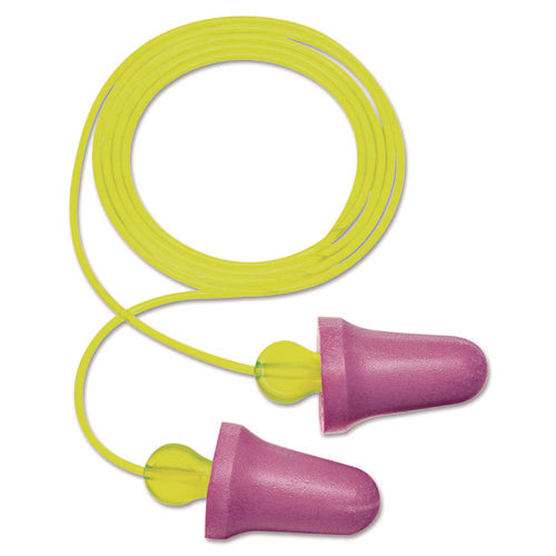 Image of 3M No-Touch Push-to-Fit Single-Use Earplugs, Corded, 29 dB NRR, Purple/Yellow, 100 Pairs