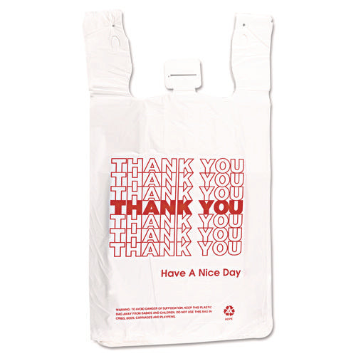 Image of Inteplast Group HDPE T-Shirt Bags, Thank You - Have a Nice Day Labeling, Cut-Out Handles, 12" x 7" x 23", White/Red, 500/Carton