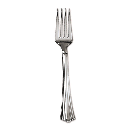 Image of WNA Heavyweight Plastic Forks, Reflections Design, Silver, 600/carton