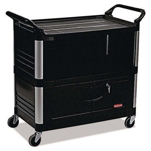 Image of Rubbermaid® Commercial Xtra Equipment Cart, Plastic, 3 Shelves, 300 lb Capacity, 20.75" x 40.63" x 37.8", Black