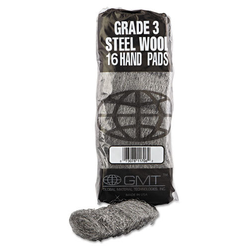 Image of GMT Industrial-Quality Steel Wool Hand Pads, #3 Medium, Steel Gray, 16 Pads/sleeve, 12 Sleeves/carton