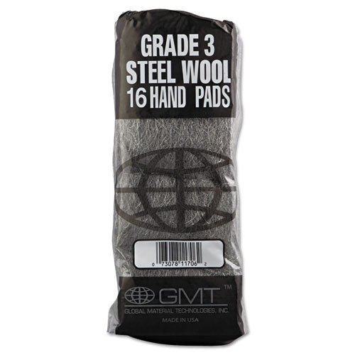 Image of GMT Industrial-Quality Steel Wool Hand Pads, #3 Medium, Steel Gray, 16 Pads/sleeve, 12 Sleeves/carton