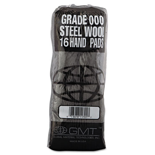 Image of GMT Industrial-Quality Steel Wool Hand Pads, #000 Extra Fine, Steel Gray, 16 Pads/sleeve, 12 Sleeves/carton