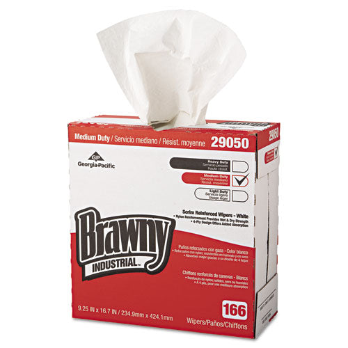 Image of Brawny® Professional Medium Duty Scrim Reinforced Wipers, 4-Ply, 9.25 x 16.69, Unscented, White, 166/Box, 5 Boxes/Carton
