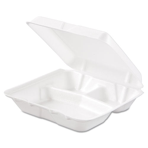 Image of Dart® Foam Hinged Lid Containers, 3 Compartments, 7.5 x 8 x 2.3, White, 200/Carton