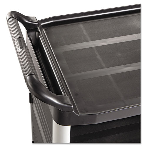Image of Rubbermaid® Commercial Xtra Utility Cart with Enclosed Sides and Back, Plastic, 3 Shelves, 300 lb Capacity, 20" x 40.63" x 37.8", Black