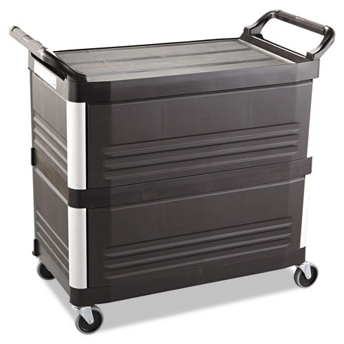 Image of Rubbermaid® Commercial Xtra Utility Cart with Enclosed Sides and Back, Plastic, 3 Shelves, 300 lb Capacity, 20" x 40.63" x 37.8", Black