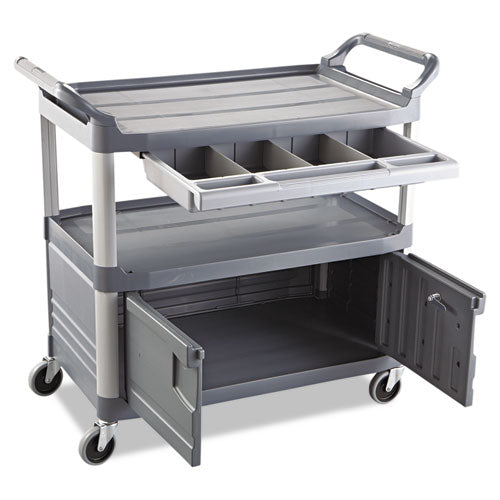 Image of Rubbermaid® Commercial Xtra Instrument Cart with Locking Storage Area, Plastic, 3 Shelves, 300 lb Capacity, 20" x 40.63" x 37.8", Gray