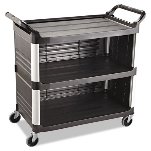 Image of Rubbermaid® Commercial Xtra Utility Cart with Enclosed Sides and Back, Plastic, 3 Shelves, 300 lb Capacity, 20" x 40.63" x 37.8", Black