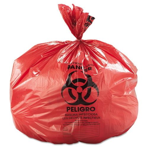 Image of Inteplast Group Low-Density Commercial Can Liners, Infectious Waste Biohazard, 45 gal, 1.3 mil, 40" x 46", Red, Interleaved, 20/RL, 5 RL/CT