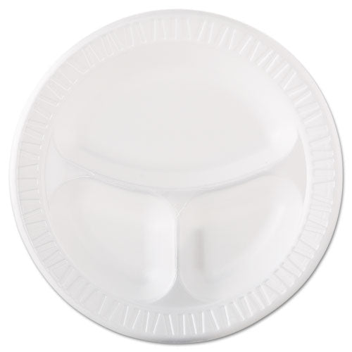 Image of Dart® Quiet Class Laminated Foam Dinnerware, 3-Compartment Plate, 10.25" dia, White, 125/Pack, 4 Packs/Carton