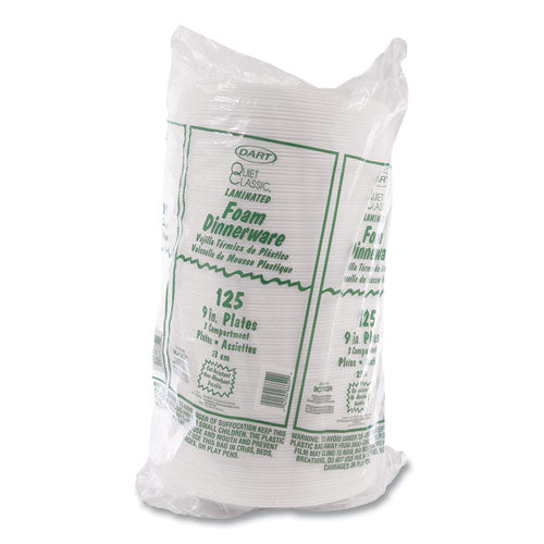 Image of Dart® Concorde Foam Plate, 3-Compartment Plate, 9" dia, White, 125/Pack, 4 Packs/Carton