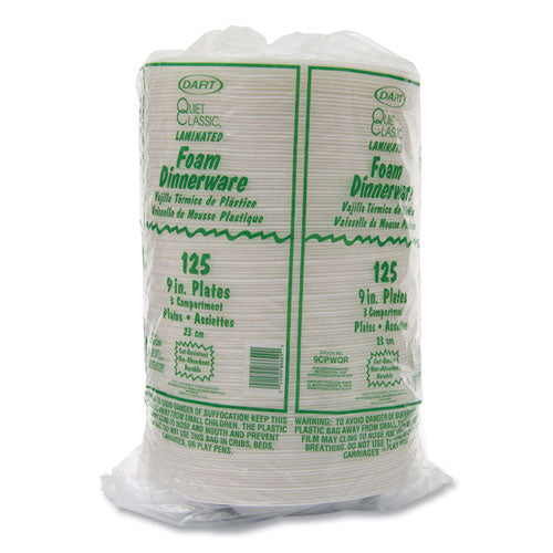 Image of Dart® Quiet Classic Laminated Foam Plates, 3-Compartment Plate, 9" dia, White, 125/Pack, 4 Packs/Carton