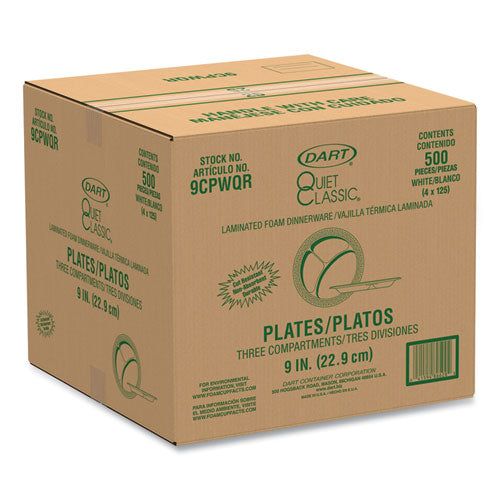 Image of Dart® Quiet Classic Laminated Foam Plates, 3-Compartment Plate, 9" dia, White, 125/Pack, 4 Packs/Carton