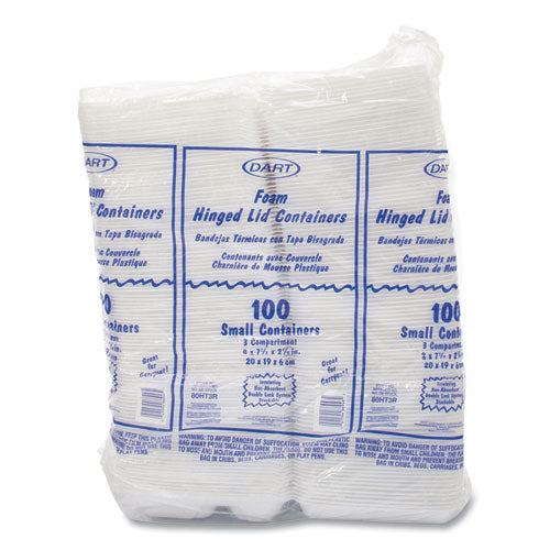 Image of Dart® Foam Hinged Lid Containers, 3 Compartments, 7.5 x 8 x 2.3, White, 200/Carton