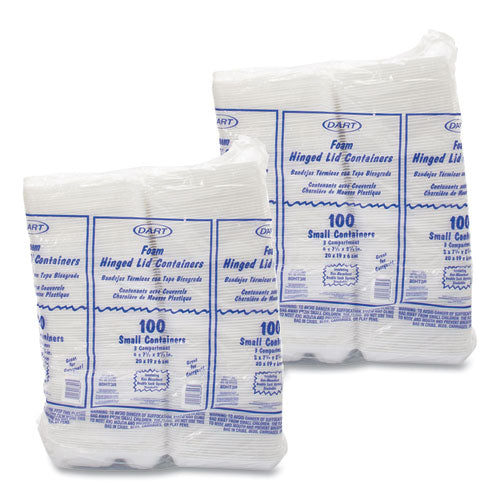 Image of Dart® Foam Hinged Lid Containers, 3 Compartments, 7.5 x 8 x 2.3, White, 200/Carton