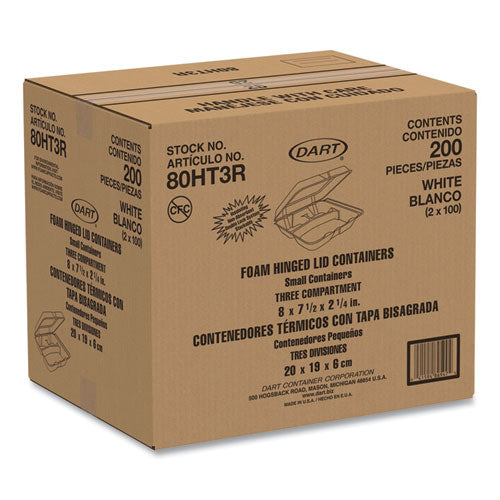 Image of Dart® Foam Hinged Lid Containers, 3 Compartments, 7.5 x 8 x 2.3, White, 200/Carton