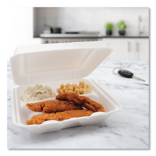 Image of Dart® Foam Hinged Lid Containers, 3 Compartments, 7.5 x 8 x 2.3, White, 200/Carton