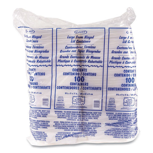 Image of Dart® Foam Hinged Lid Containers, 9.01 X 9.4 X 3.1, White, 200/carton