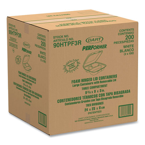 Image of Dart® Foam Hinged Lid Container, Performer Perforated Lid, 3 Compartments, 9 x 9.4 x 3, White, 100/Bag, 2 Bag/Carton