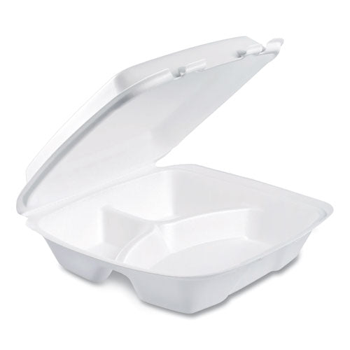 Image of Dart® Foam Hinged Lid Container, Performer Perforated Lid, 3 Compartments, 9 x 9.4 x 3, White, 100/Bag, 2 Bag/Carton