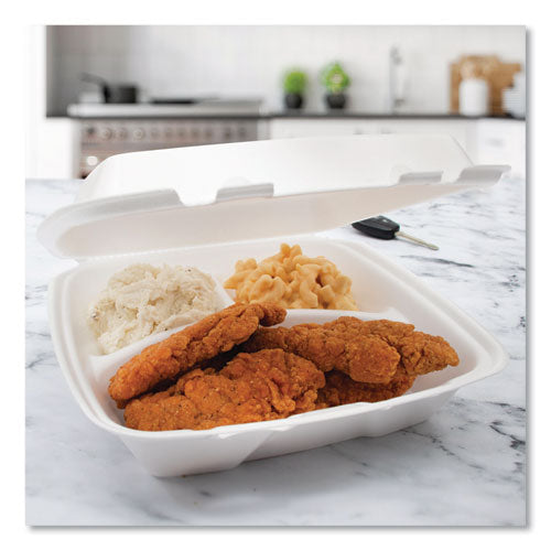 Image of Dart® Foam Hinged Lid Container, Performer Perforated Lid, 3 Compartments, 9 x 9.4 x 3, White, 100/Bag, 2 Bag/Carton