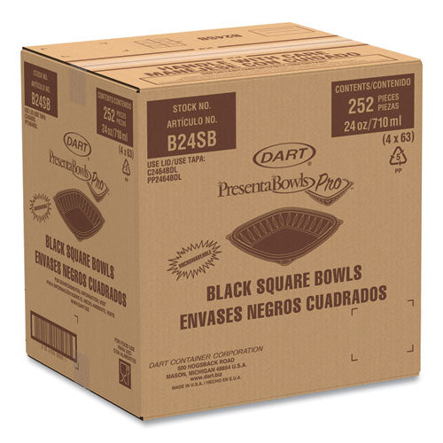Image of Dart® PresentaBowls Pro Black Square Bowls, 24 oz, 8.5 x 8.5 x 1.8, Plastic, 63/Bag, 4 Bags/Carton