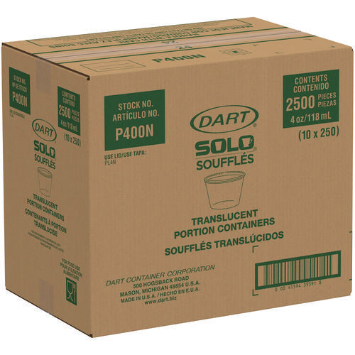 Image of Dart® Polystyrene Portion Cups, 4 oz, Plastic, Translucent, 250/Bag, 10 Bags/Carton