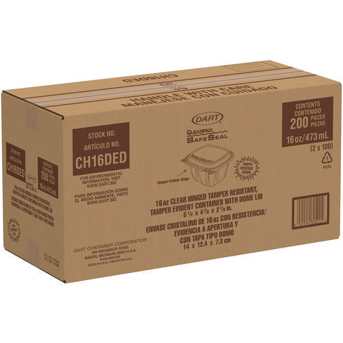 Image of Dart® ClearPac SafeSeal Tamper-Resistant/Evident Containers, Domed Lid, 16 oz, Clear, Plastic, 100/Bag, 2 Bags/Carton