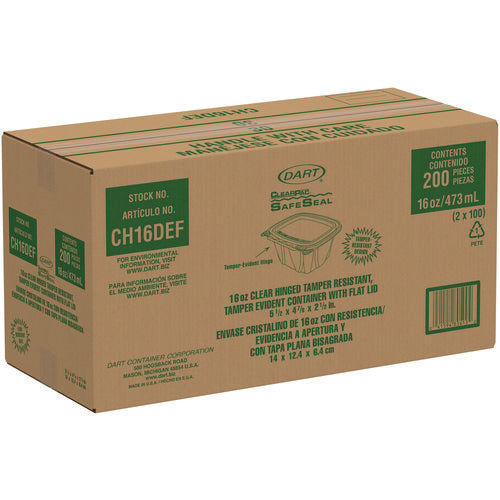Image of Dart® ClearPac SafeSeal Tamper-Resistant/Evident Containers, Flat Lid, 16 oz, Clear, Plastic, 100/Bag, 2 Bags/Carton