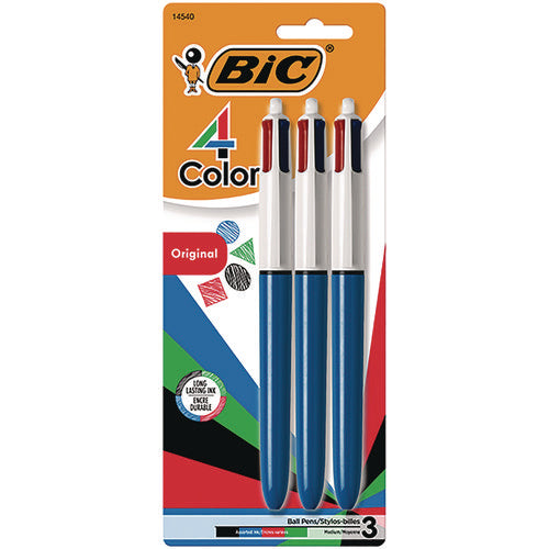Image of BIC® 4-Color Ballpoint Pen, Retractable, Medium 1 mm, Black/Blue/Green/Red Ink Colors, Randomly Assorted Barrel Colors, 3/PK