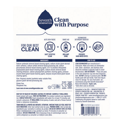 Image of Seventh Generation® Natural Automatic Dishwasher Detergent Packs, Free and Clear, 45 Powder Packets/Box